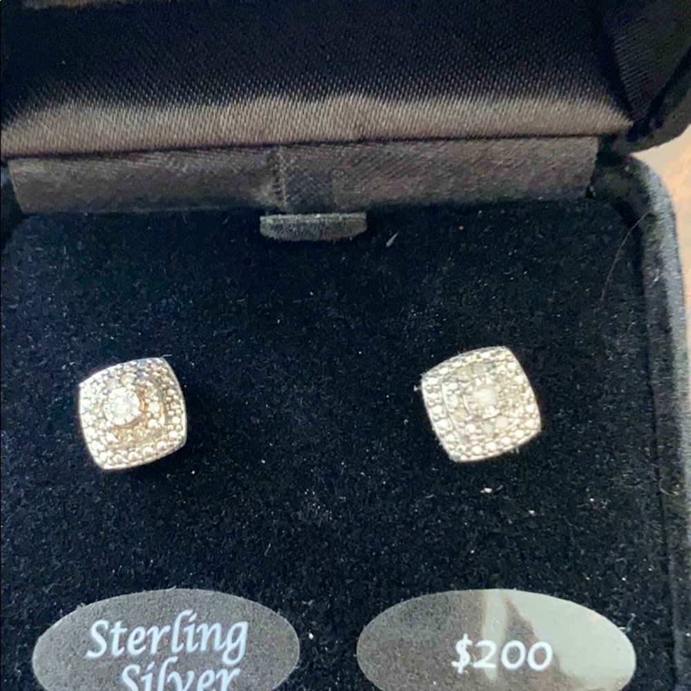 Brand New Diamond & Sterling Cluster Stud Earrings